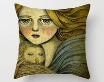 Soft Woven Poplin Pillow Cover (with pillow insert), Printed with Angel and Owl Illustration, Artistic Fantasy Home Decor. - il_214x170.667787808_708p