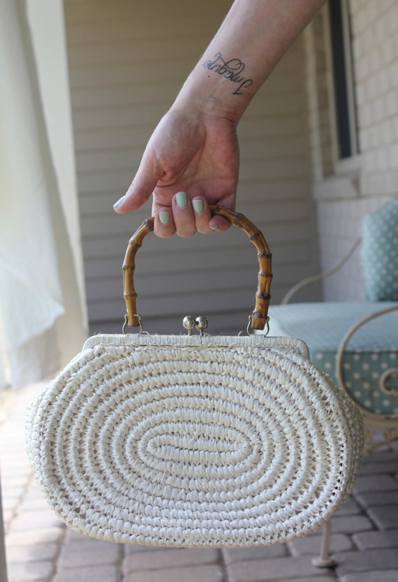 White Straw Handbag with Bamboo Handle Summer Bag