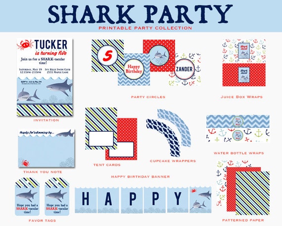 SHARK Birthday Party- Printable FULL COLLECTION - Printable Party Package (Invitation and Decorations) Il_570xn