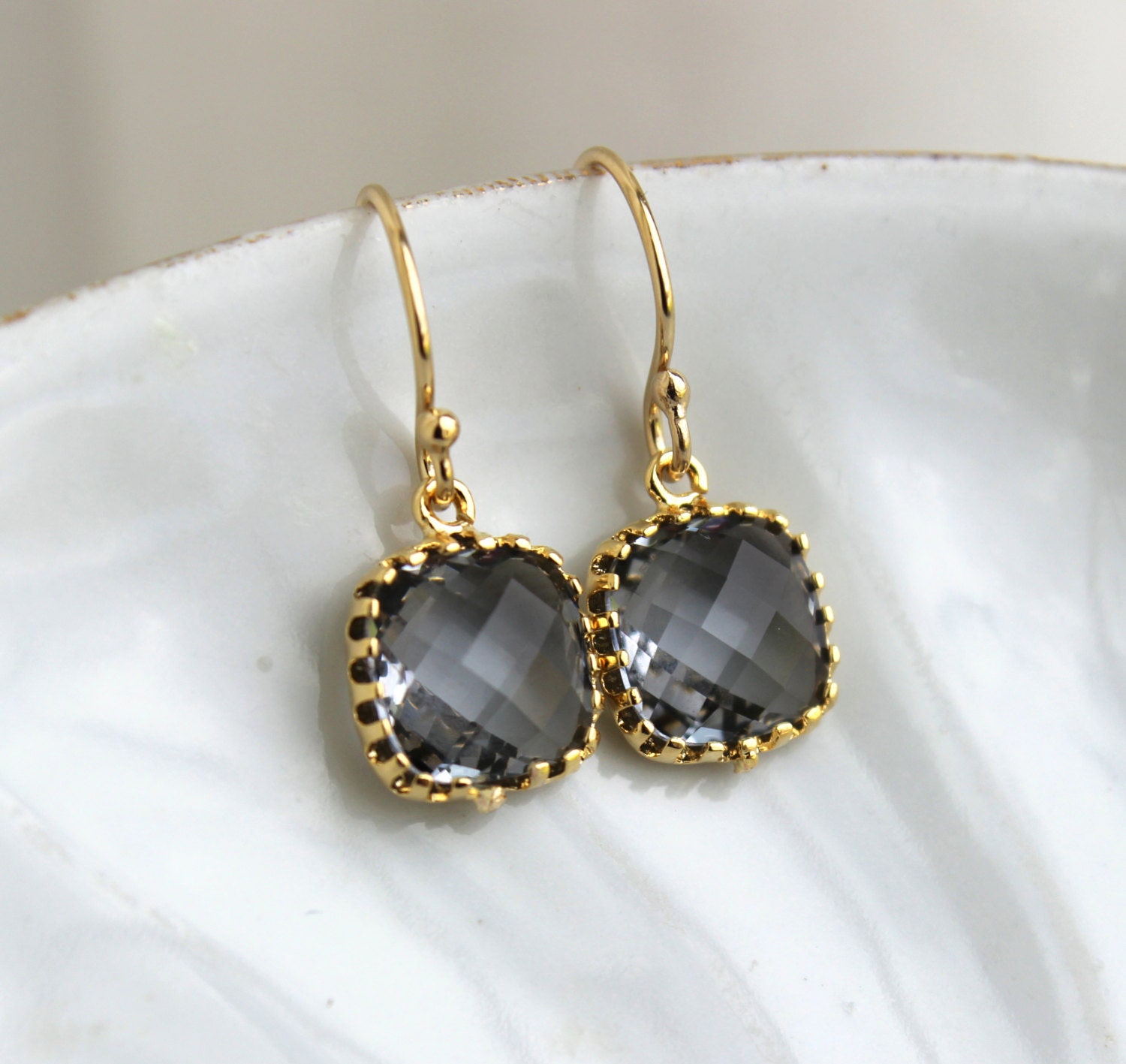 Dainty Charcoal Gray Earrings Gold Plated Small Grey