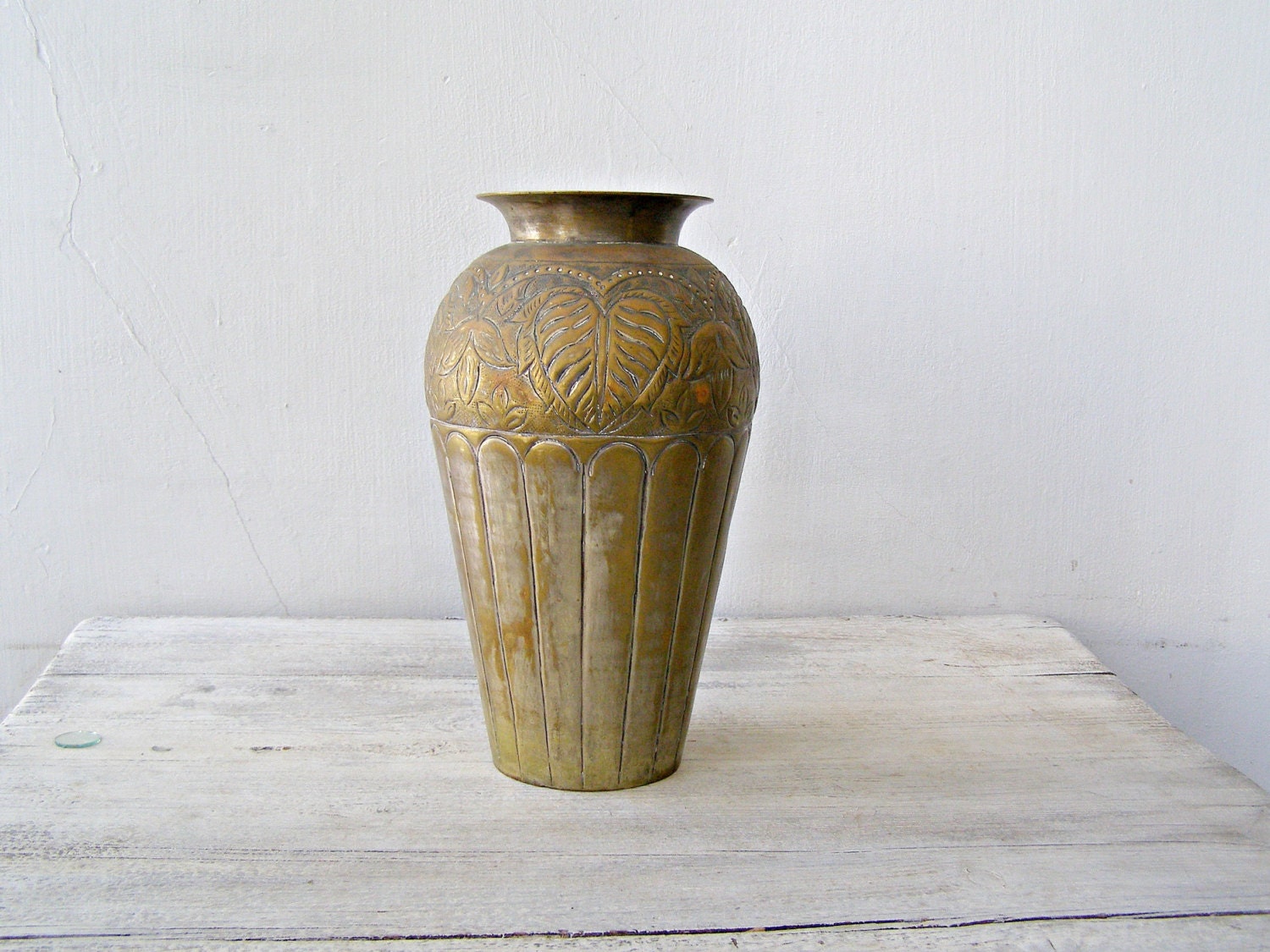 Hammered Bronze Table Floor Vase Shabby Rustic Ornate Tall