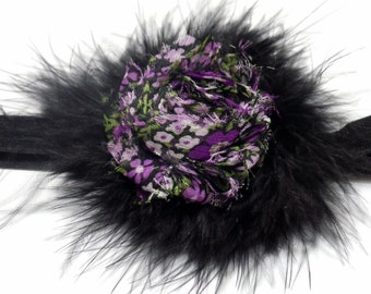 Flapper Headband Black Feather Boa Floral Shabby Flower Headband Black Fold Over Elastic Baby Headband