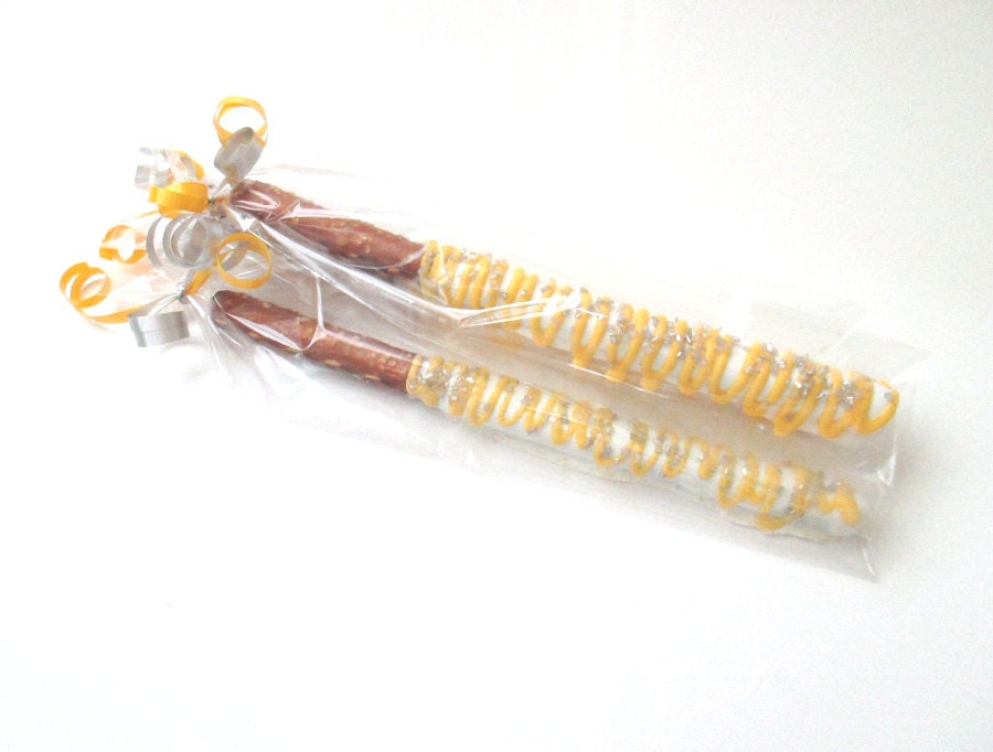 12 Chocolate pretzel rods yellow and gray wedding favor