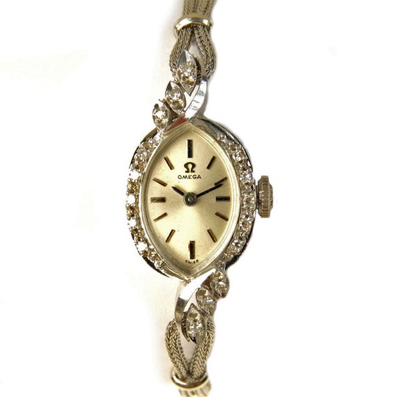 Vintage Omega Ladies Bracelet Watch 14k White Gold Diamonds 17 Jewels