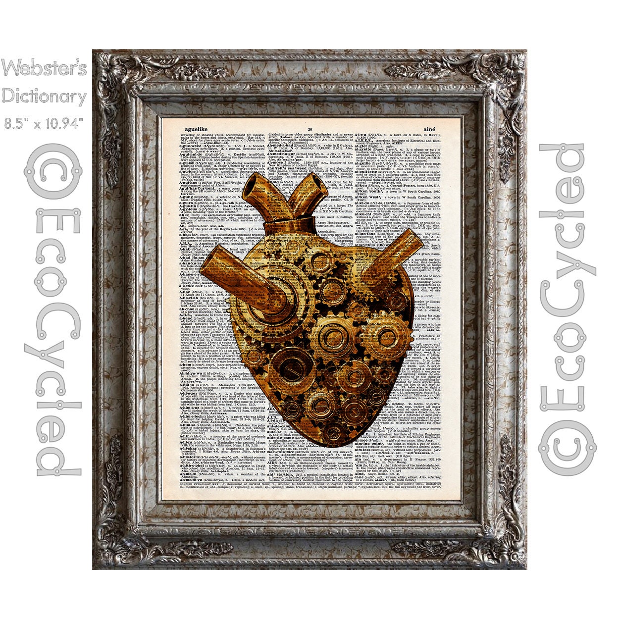 Steampunk Gear Heart on Vintage Upcycled Dictionary Art Print Book Art Print Recycled Repurposed Cardiac Machine Gears