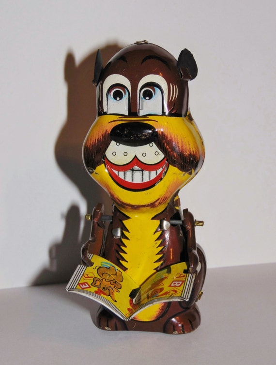 Antique Vintage tin litho wind up toy dog reading book