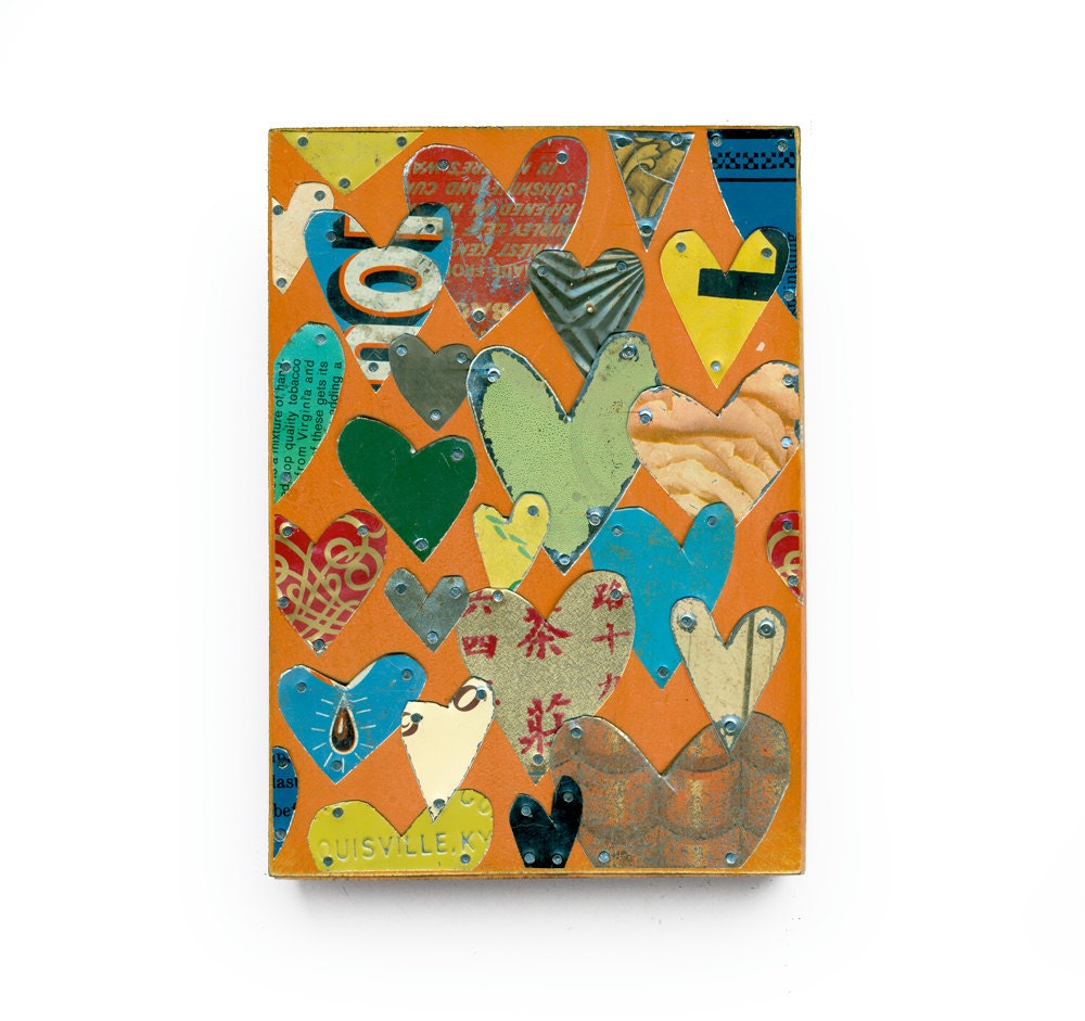 vintage tin hearts ORIGINAL ART modern love on wood by