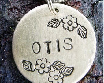 Pet Tag ID, Dog Tag, Custom Pet Tag, Flowers Hand Stamped Pet ID Tag, BRASS Floral Otis
