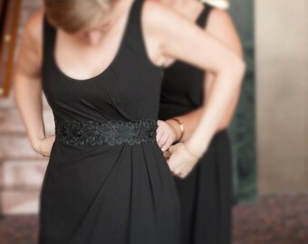 Black Beaded Flower Lace Sash with Black Satin Ribbon // Bridal Wide Sash, Bridesmaid Sash // SH-08
