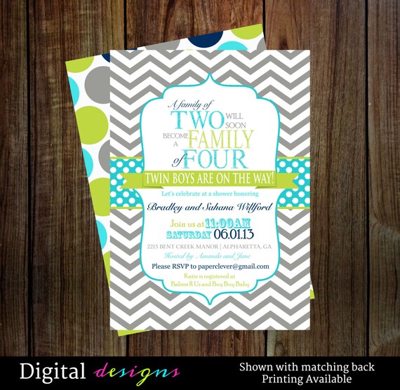 Twins Baby shower invitations boys typography aqua and lime- digital file, printable NO.155D Il_570xn