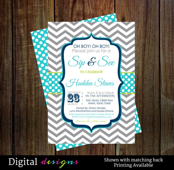 Boys sip and see invitations navy blue, aqua and lime digital file printable NO.31 Il_570xn