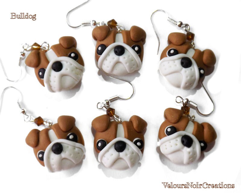 english bulldog earrings handmade in polymer clay