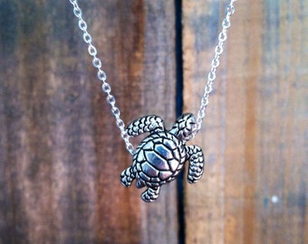 Sea Turtle Necklace, Swimming Turtle Pendant, Silver Plated Turtle Charm Necklace, Turtle Jewelry