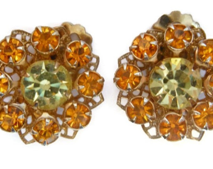 Juliana style earrings, amber and yellow rhinestone prong set clip earrings perfect for wedding or prom