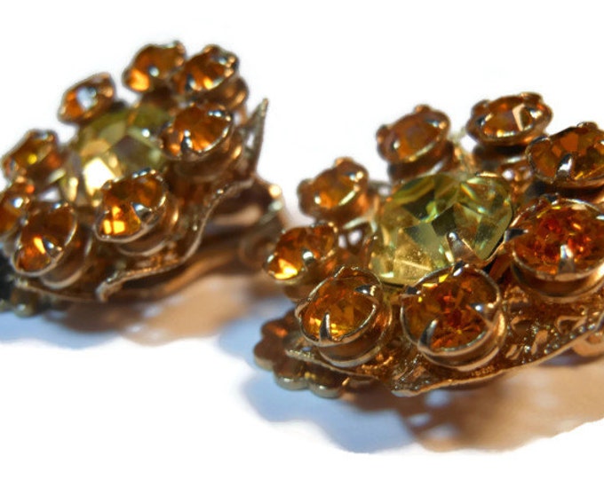 Juliana style earrings, amber and yellow rhinestone prong set clip earrings perfect for wedding or prom