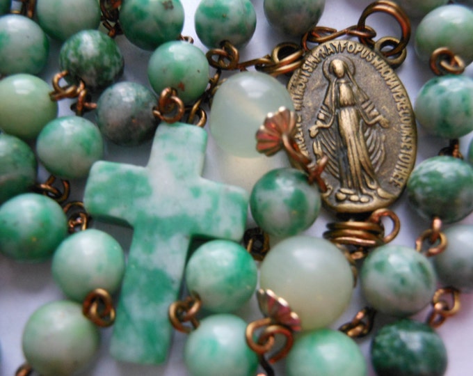 FREE SHIPPING Catholic Rosary 'The Inner Light' Ching Hai "jade" & tree agate beads, sea green 'new' jade Pater beads, aventurine cross