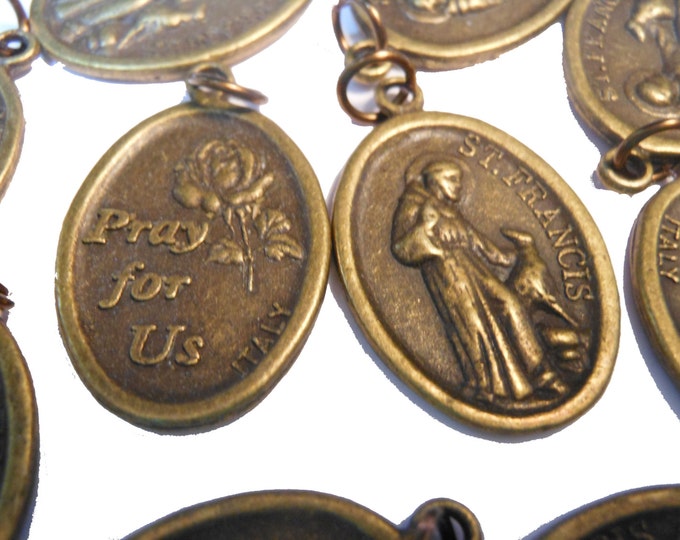 5 Saint Francis medals with pet Pray for Us in bronze with jump rings