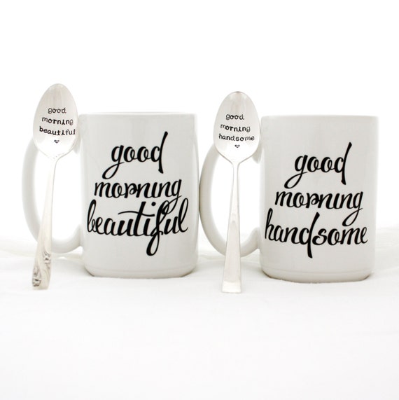 Stamped Spoon and Mug Set. Good Morning Beautiful, Good Morning Handsome. Couples gift idea by Milk & Honey. Made in USA.