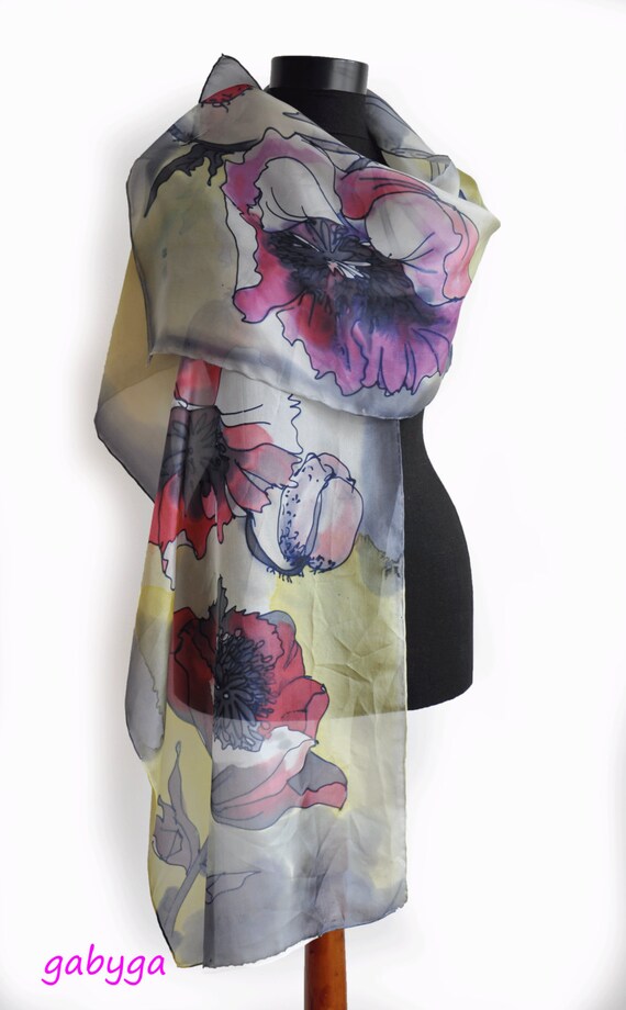 Painted silk scarf Gray and Red Poppies Hand painted silk
