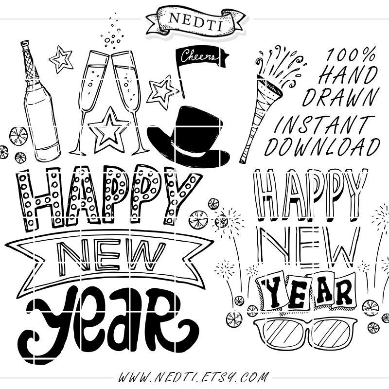 30 Happy New Year Hand Drawn Lineart Clip Art Clipart Photo