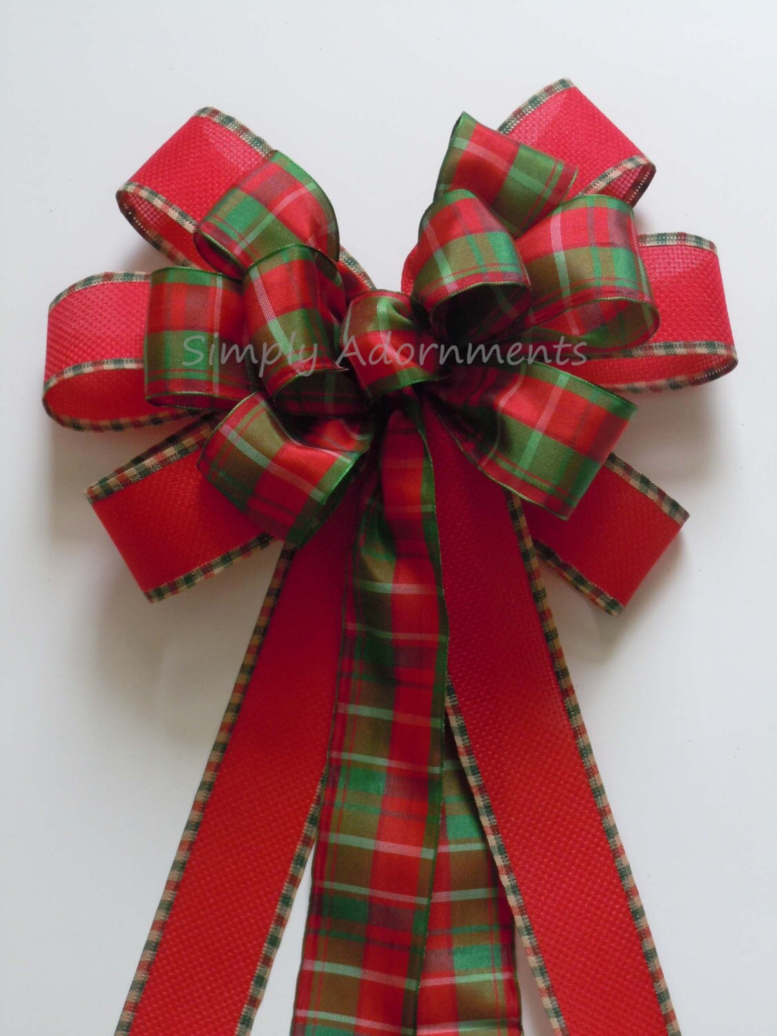 Red Green Plaid Tartan Christmas Tree Bow Rustic Traditional Winter Wedding Pew Bow Winter Holidays Party Decoration Bow