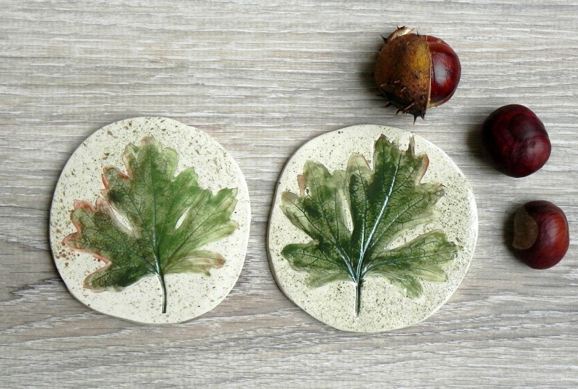 Ceramic Leaves Coasters Organic Shape Green Brown by Ceraminic