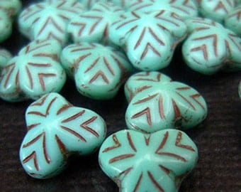 Czech Glass 9mm Berry Leaves (10) Beads Matte Turquoise Brown Inlay