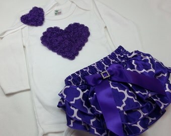 Baby Girl VALENTINE OUTFIT, Purple Heart Onesie, Quarterfoil Ruffle Diaper Cover, Purple Heart Headband, Toddler Valentine Shirt, Purple Set