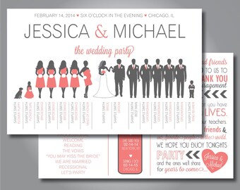 Silhouette Wedding Program, Wedding Party- Horizontal Layout, Silhouette Front and Back Customizable, 8.5"x5.5", Design 5