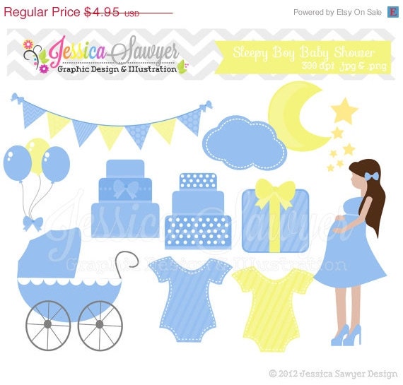 80% OFF - INSTANT DOWNLOAD - Baby boy shower clipart - cake - moon and stars - bunting banner - patterned- commercial use - image - graphic Il_570xn