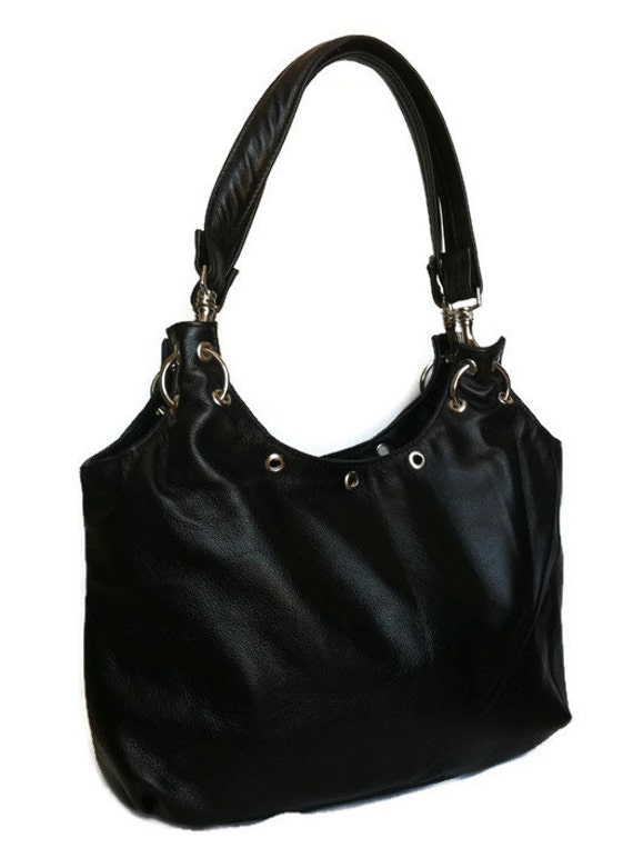 Black leather tote bag everyday purse fashion shoulder handbag