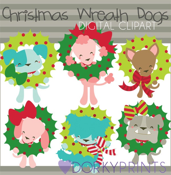 Christmas Wreath Dogs Digital Clip Art Set -Personal and Commercial Use- Puppy Holiday Clipart