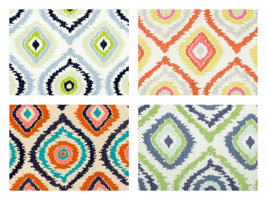 Navy Blue and Orange Upholstery Fabric Embroidered Turquoise