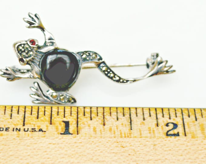 Frog Brooch - Sterling Silver - Marcasite - black glass -Jelly Belly - red rhinestones eye