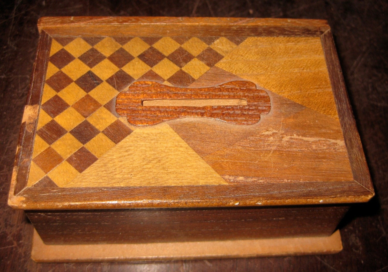 Antique Puzzle Box Vintage Wooden Inlay Figural Puzzle Box