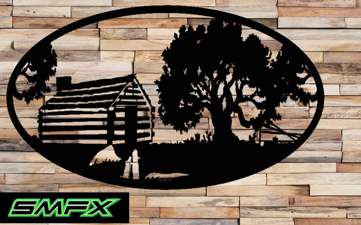 Large cabin Scene Metal wall art Oval Insert 11