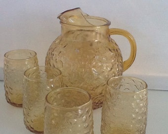 Vintage Amber Pitcher Set With Glasses - Barware - Water Pitcher - Drink Set - Vintage Glass