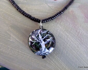 Ghost Tree - hand painted focal bead; black heishi bead, chain necklace