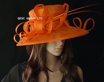 Orange sinamay hat large dress church hat for Kentucky derby,wedding races Melburne cup