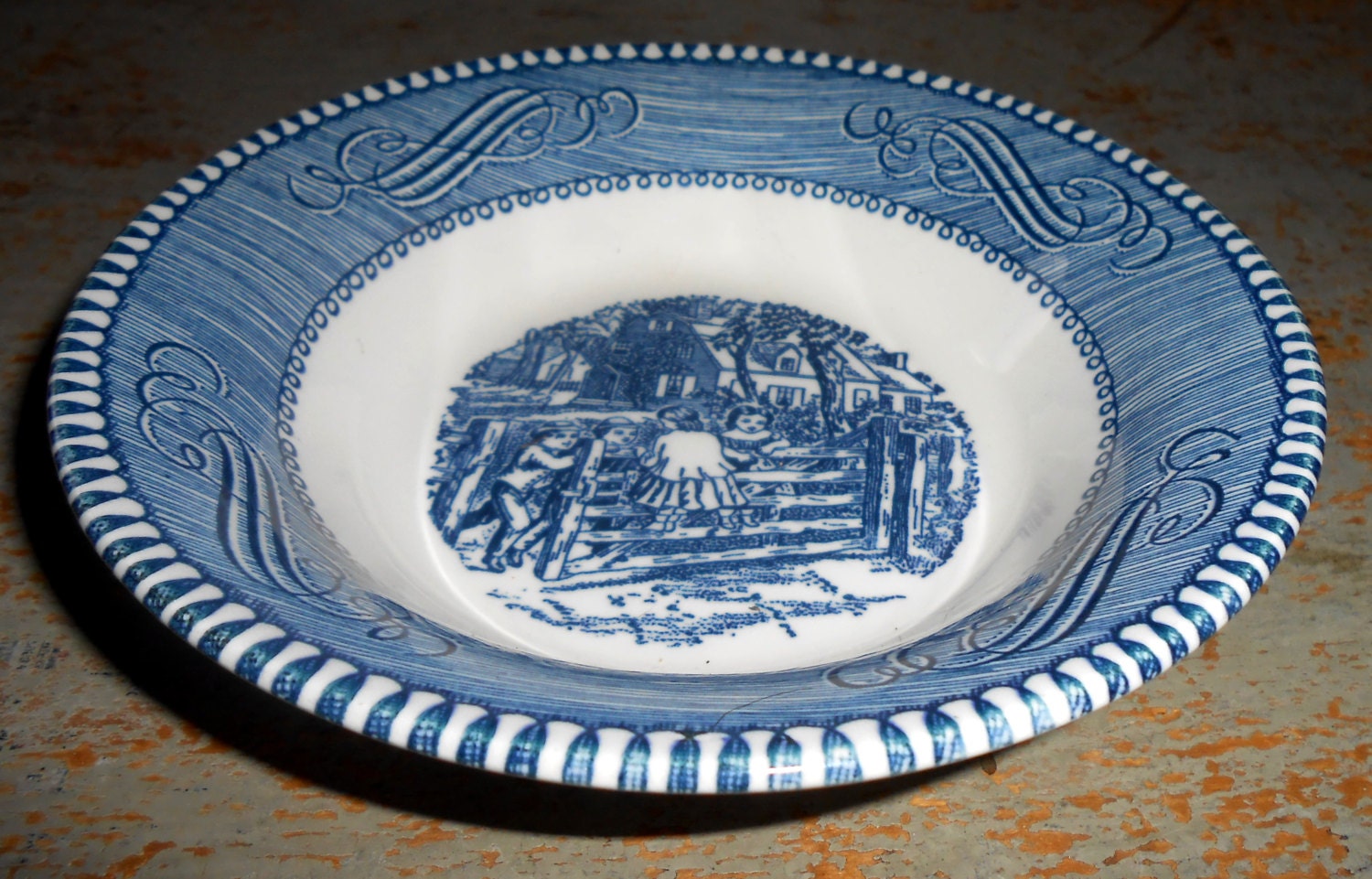 Vintage Bowl, Currier and Ives, “Old Farm Gate”, Berry Bowl, Blue & White, Fruit Bowl, Transfer