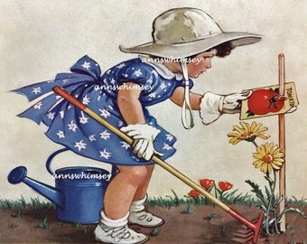 Vintage Print "Grow Garden Grow" 1937 RESTORED Art Little Girl Gardener, #86