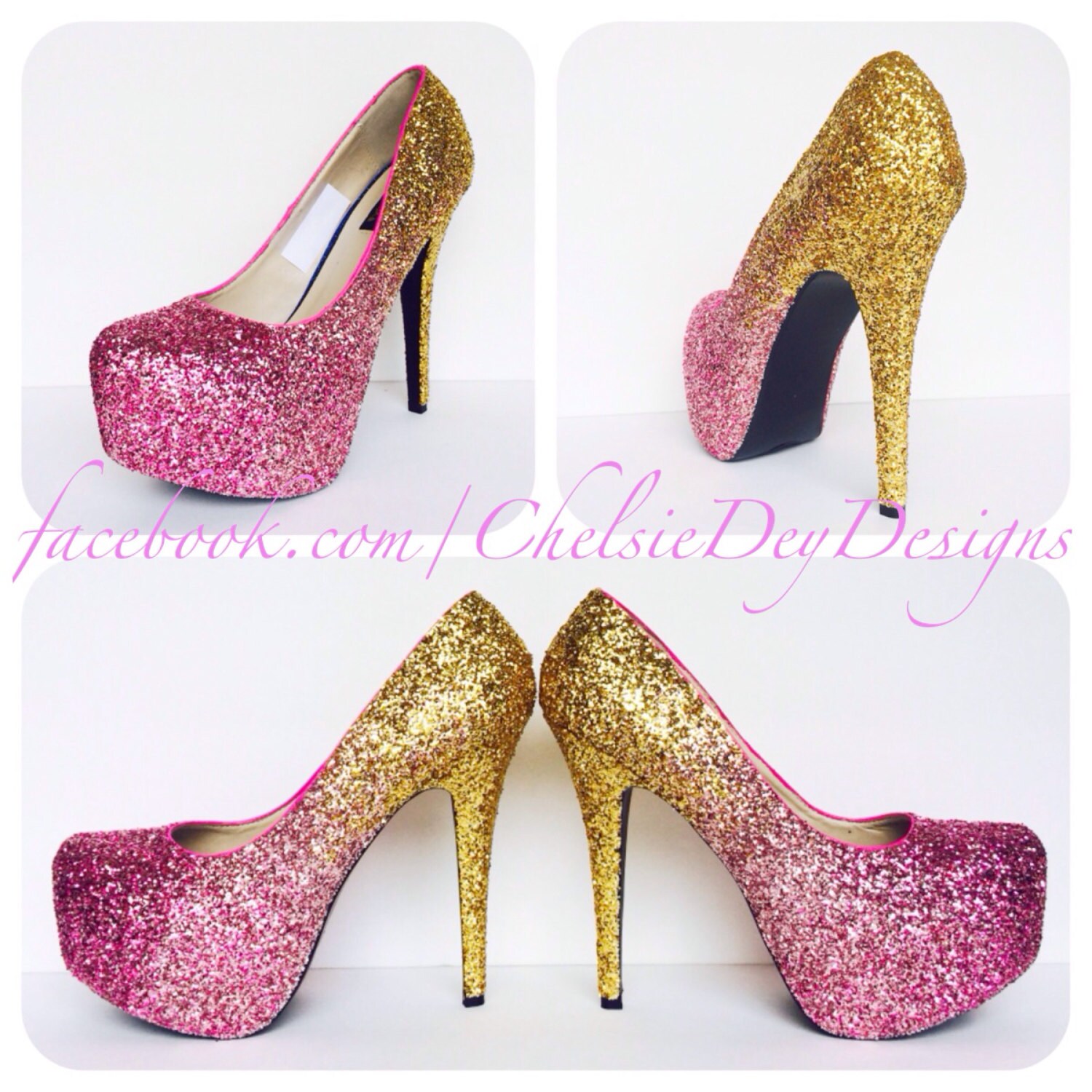 Glitter High Heels Hot Pink Gold Ombre Pumps by ChelsieDeyDesigns