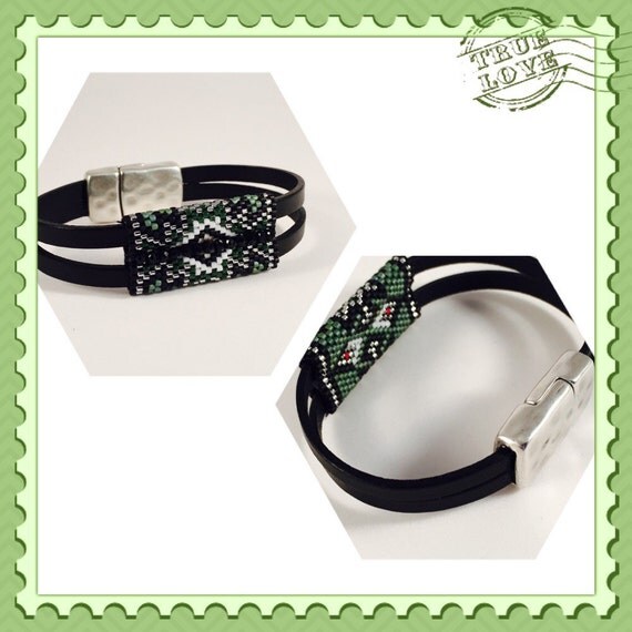 The Green One Seed Beaded Leather Strap Bracelet by Calisi on Etsy