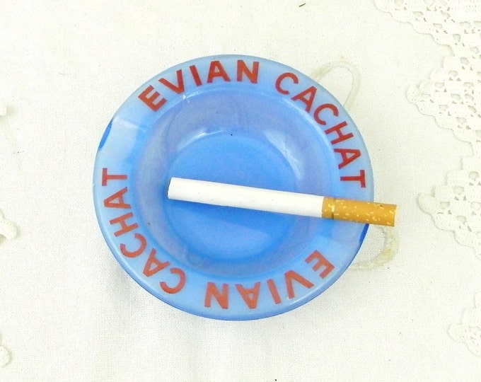 Vintage French Opaque Blue Glass Bistro Publicity Evian Drinking Water Ashtray, Mid Century, French Design, Retro Vintage Home Interior,