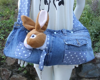 Pet sling carrier for rabbits , cats ,ferrets and small dogs .Upcycled ,recycled ,new and old . Beach bag , denim bag . Pet carrier