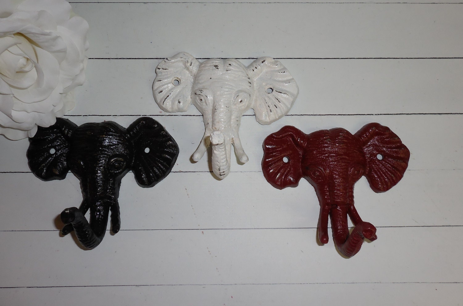 SET OF 3 ELEPHANT Hooks / Cast Iron Hooks / by FromShab2Chic