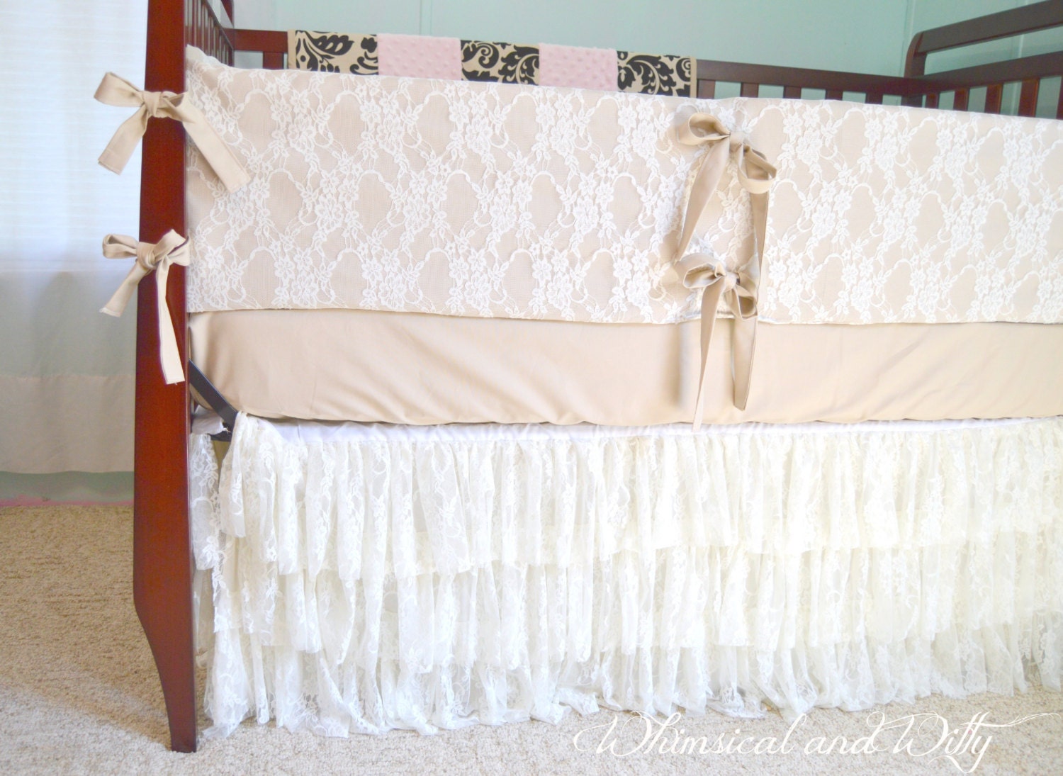 Lace Baby Crib Bedding Burlap Colored Cotton and Ivory Lace