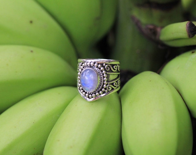 Rainbow Moonstone Ring, Boho Ring, Moon Ring, Gypsy Ring, Statement Rings, Solid 925 Sterling Silver Rings, Don Biu, Personalised, Gift
