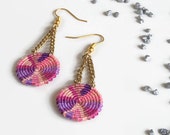 cute pink and purple macrame earrings on golden chain, round dangle earrings, woven girl style fashion jewelry
