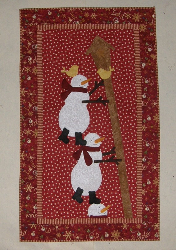 Christmas Snowman Quilted Wall Hanging Winter Quilt Whimsical Red Polka Dot and Striped Quilt